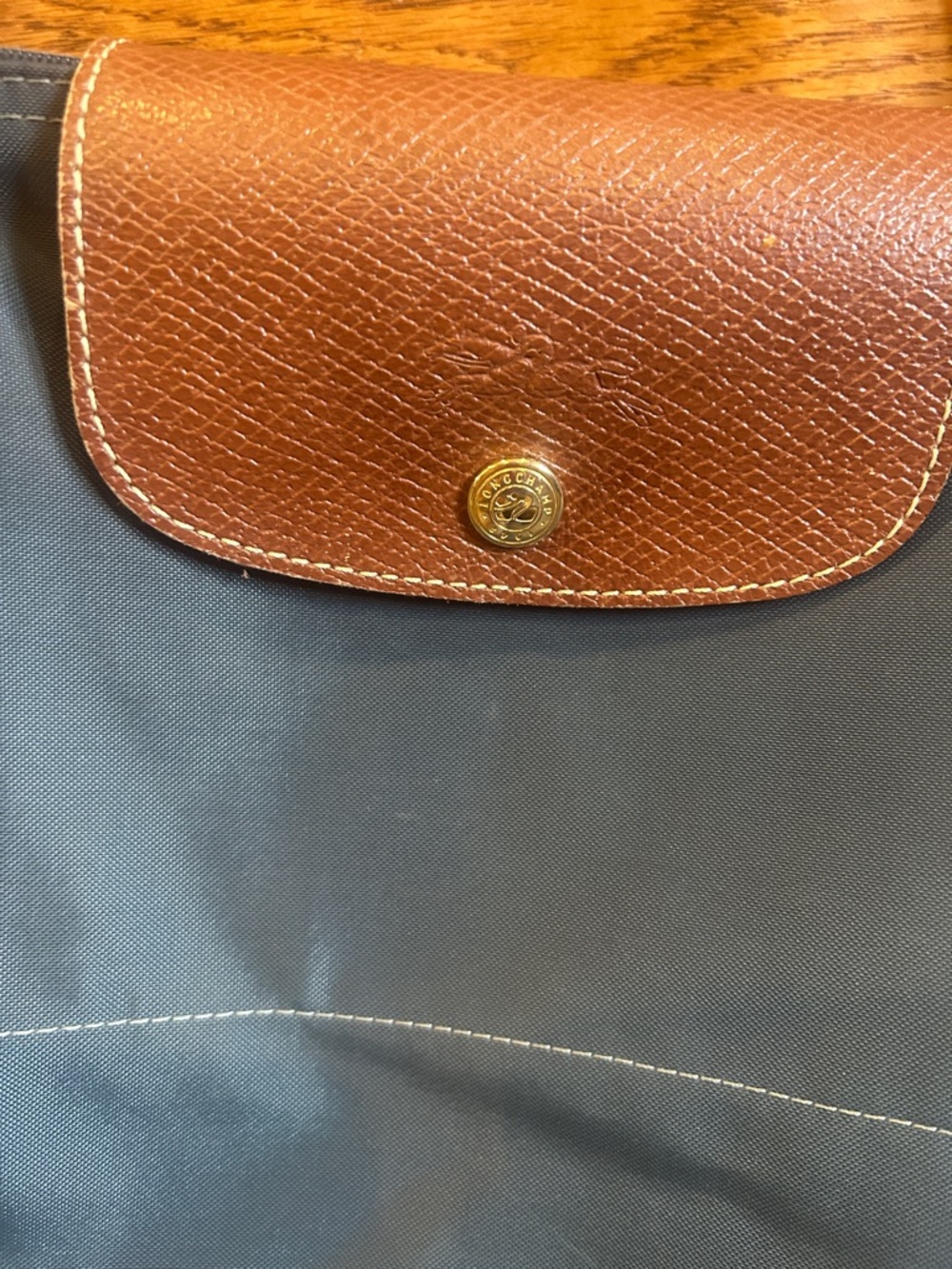 Longchamp Le Pliage Navy Tote with Brown Leather Trim - Picture 2 of 13